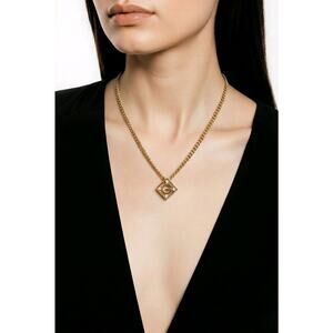 Givenchy Vintage G Logo Diamond Pendant Rhinestone Necklace Gold Tone